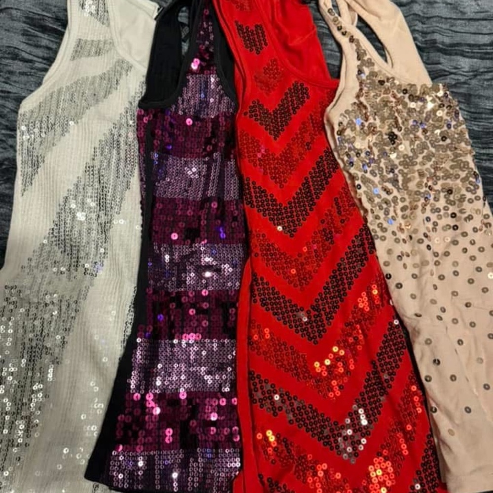 Sequin Tank Tops in Red, Purple, Cream, and Silver